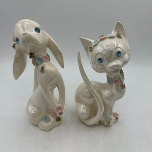 Vintage Lefton Dog Cat Iridescent Figurines Figure Spaghetti Flowers Floral